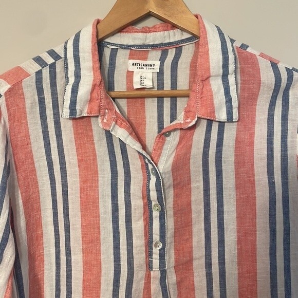 Artisan NY 100% Linen Striped Popover Tunic Large - Picture 5 of 9